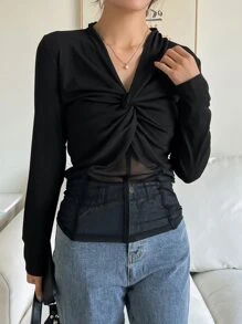 DAZY Twist Front Contrast Mesh Tee Long Sleeve - Black - View 4