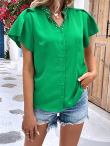 SHEIN LUNE Pearls Beaded Butterfly Sleeve Blouse - Green - View 4