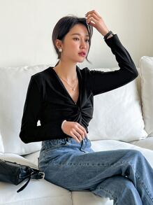 DAZY Twist Front Contrast Mesh Tee Long Sleeve - Black - View 5