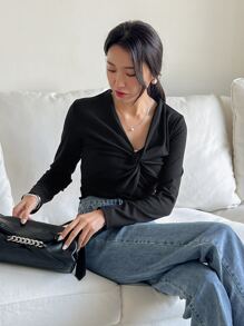 DAZY Twist Front Contrast Mesh Tee Long Sleeve - Black - View 6