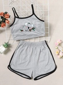 Girls Cartoon Print Contrast Binding PJ Set - Grey - View 1