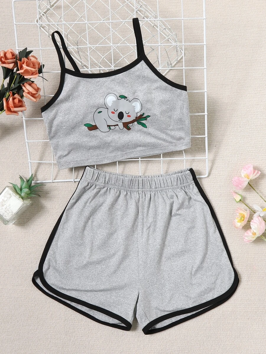 Girls Cartoon Print Contrast Binding PJ Set - Grey - View 1