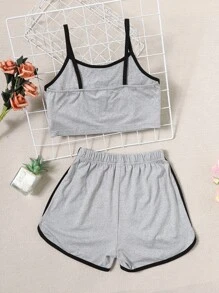 Girls Cartoon Print Contrast Binding PJ Set - Grey - View 2