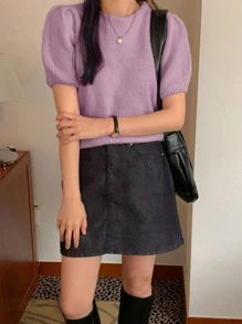 DAZY Top de punto unicolor de manga farol - Morado - Ver 1