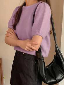 DAZY Top de punto unicolor de manga farol - Morado - Ver 4