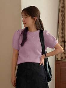 DAZY Top de punto unicolor de manga farol - Morado - Ver 5