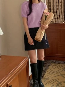 DAZY Top de punto unicolor de manga farol - Morado - Ver 6