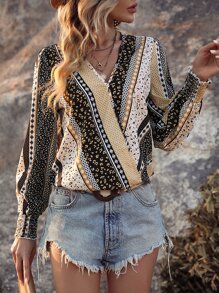 SHEIN LUNE All Over Print Surplice Neck Blouse - Multicolor - View 1