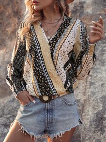 SHEIN LUNE All Over Print Surplice Neck Blouse - Multicolor - View 4