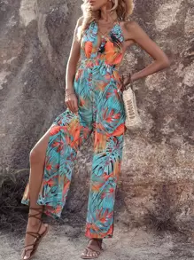SHEIN LUNE Tropical Print Tie Backless Split Thigh Halter Jumpsuit - Multicolor - View 1