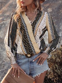 SHEIN LUNE All Over Print Surplice Neck Blouse - Multicolor - View 5