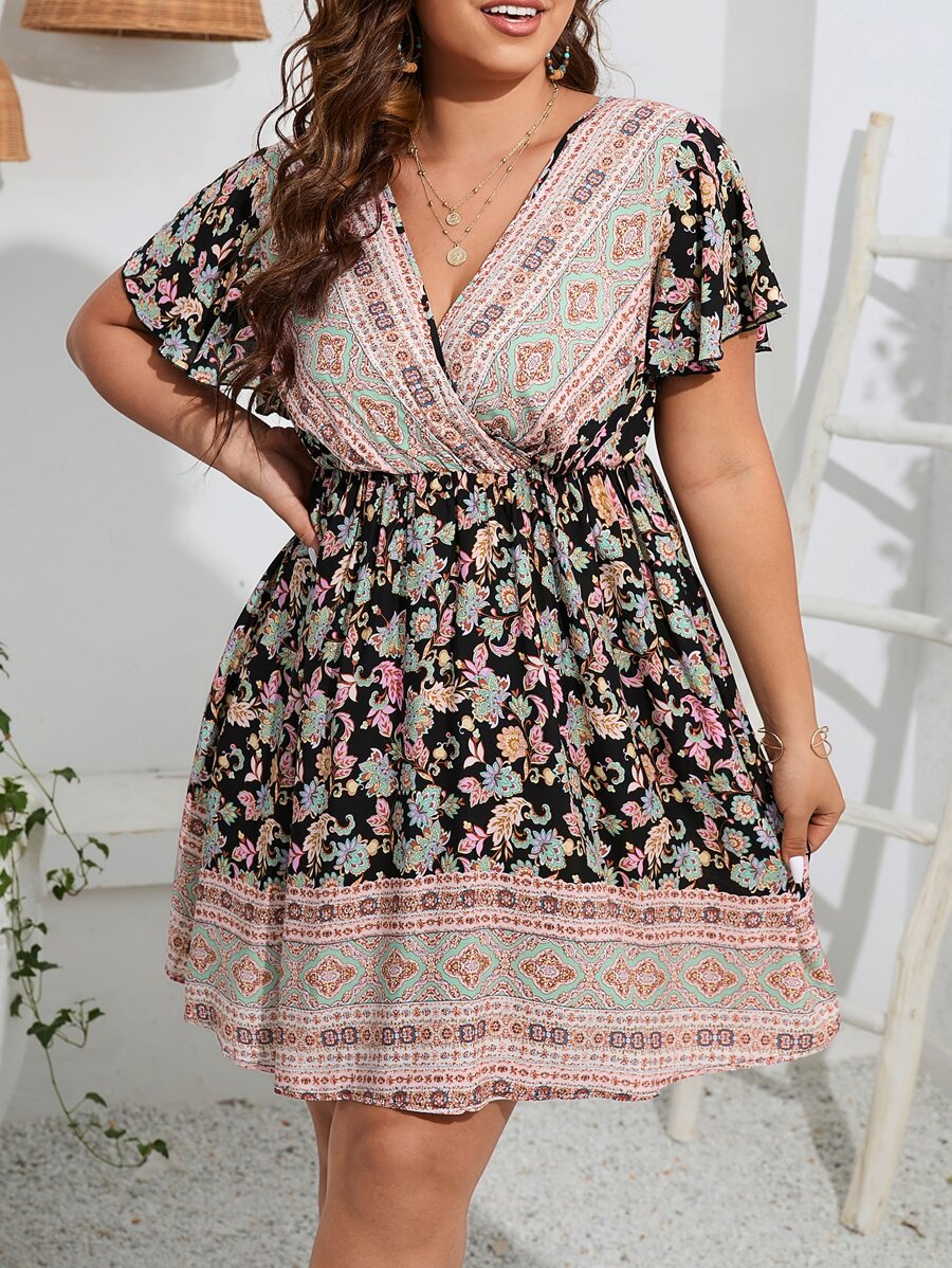 SHEIN Holidaya Plus Floral Print Butterfly Sleeve Dress - Multicolor - View 1