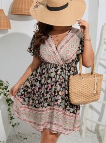 SHEIN Holidaya Plus Floral Print Butterfly Sleeve Dress - Multicolor - View 7