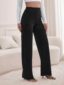 SHEIN Tall Slant Pocket Straight Leg Pants - Black - View 4