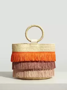 SHEIN SXY Thanh lịch Quý cô Khối màu Viền rìa Túi Rơm , Hoàn hảo Cho mùa hè bờ biển Du lịch Kỳ nghỉ , Ngày lễ , Ngoài trời - Màu be - Xem 5