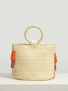 SHEIN SXY Thanh lịch Quý cô Khối màu Viền rìa Túi Rơm , Hoàn hảo Cho mùa hè bờ biển Du lịch Kỳ nghỉ , Ngày lễ , Ngoài trời - Màu be - Xem 7