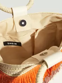 SHEIN SXY Thanh lịch Quý cô Khối màu Viền rìa Túi Rơm , Hoàn hảo Cho mùa hè bờ biển Du lịch Kỳ nghỉ , Ngày lễ , Ngoài trời - Màu be - Xem 9
