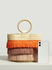 SHEIN SXY Thanh lịch Quý cô Khối màu Viền rìa Túi Rơm , Hoàn hảo Cho mùa hè bờ biển Du lịch Kỳ nghỉ , Ngày lễ , Ngoài trời - Màu be - Xem 10