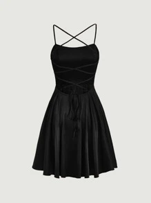 SHEIN MOD 十字交叉露背繫帶吊帶連衣裙 - 黑色 - 查看 2