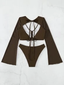 SHEIN Swim Summer Beach Drawstring Front Bikini Set Bathing Suit - Chocolate Brown - View 2