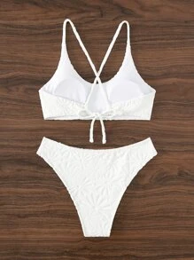 SHEIN Solid Bikini Set Textured Lace Up Back Bra & Bikini 2 Pieces Bikini Summer Beach - White - View 7