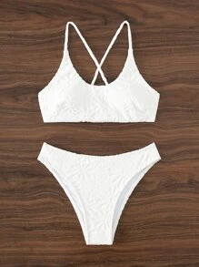 SHEIN Solid Bikini Set Textured Lace Up Back Bra & Bikini 2 Pieces Bikini Summer Beach - White - View 1