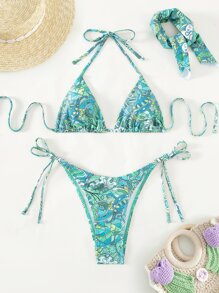 Allover Print Halter Triangle Summer Beach Bikini Set With Headband - Multicolor - View 3