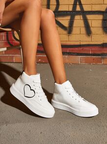 Heart Pattern High Top Lace-up Front Canvas Shoes - White - View 2