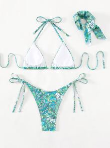 Allover Print Halter Triangle Summer Beach Bikini Set With Headband - Multicolor - View 4