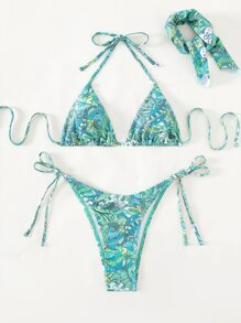 Allover Print Halter Triangle Summer Beach Bikini Set With Headband - Multicolor - View 5