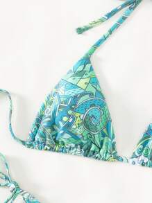Allover Print Halter Triangle Summer Beach Bikini Set With Headband - Multicolor - View 6