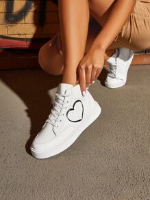 Heart Pattern High Top Lace-up Front Canvas Shoes - White - View 4
