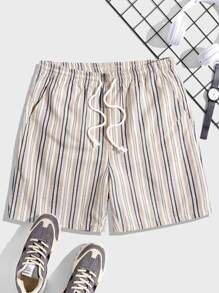 Manfinity VCAY 男士棉條紋印花腰部抽繩短褲 - 彩色 - 查看 1