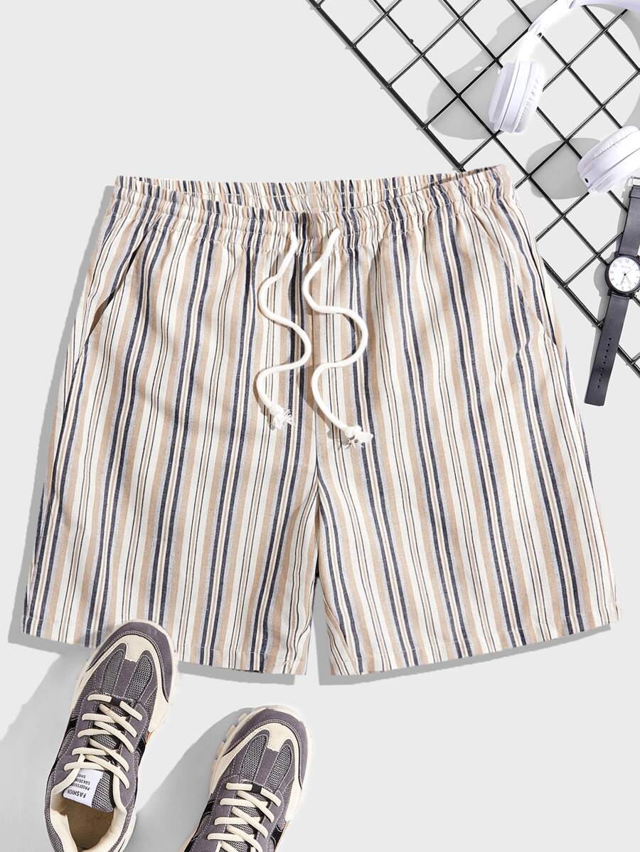 Manfinity VCAY 男士棉條紋印花腰部抽繩短褲 - 彩色 - 查看 1