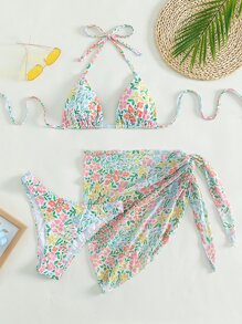 SHEIN Swim Summer Beach Floral Print Bikini Set Halter Triangle Bra & Cheeky & Knot Side Beach Skirt 3 Pieces Bikini - Multicolor - View 3