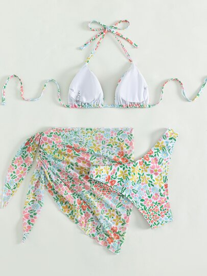Ensemble de Bikini imprimé Floral de plage d'été, soutien-gorge Triangle licou, jupe de plage effrontée et nœud latéral, Bikini 3 pièces