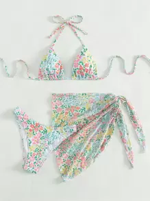 SHEIN Swim Summer Beach Floral Print Bikini Set Halter Triangle Bra & Cheeky & Knot Side Beach Skirt 3 Pieces Bikini - Multicolor - View 4
