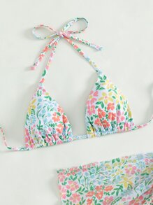 SHEIN Swim Summer Beach Floral Print Bikini Set Halter Triangle Bra & Cheeky & Knot Side Beach Skirt 3 Pieces Bikini - Multicolor - View 5