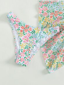 SHEIN Swim Summer Beach Floral Print Bikini Set Halter Triangle Bra & Cheeky & Knot Side Beach Skirt 3 Pieces Bikini - Multicolor - View 6