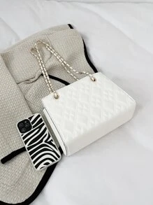 時尚拼接幾何凹凸鏈條方形包,適用於女性、菜鳥及白領工人、老師送禮品、適用於女士、女性商務/通勤/工作/辦公室、節日/假期 - 米色 - 查看 4