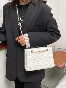 時尚拼接幾何凹凸鏈條方形包,適用於女性、菜鳥及白領工人、老師送禮品、適用於女士、女性商務/通勤/工作/辦公室、節日/假期 - 米色 - 查看 6
