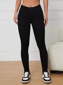 SHEIN EZwear 素色緊身牛仔褲 - 黑色 - 查看 1