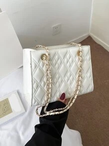 時尚拼接幾何凹凸鏈條方形包,適用於女性、菜鳥及白領工人、老師送禮品、適用於女士、女性商務/通勤/工作/辦公室、節日/假期 - 米色 - 查看 7