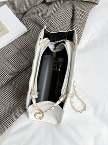 時尚拼接幾何凹凸鏈條方形包,適用於女性、菜鳥及白領工人、老師送禮品、適用於女士、女性商務/通勤/工作/辦公室、節日/假期 - 米色 - 查看 8