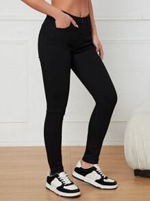 SHEIN EZwear 素色緊身牛仔褲 - 黑色 - 查看 5