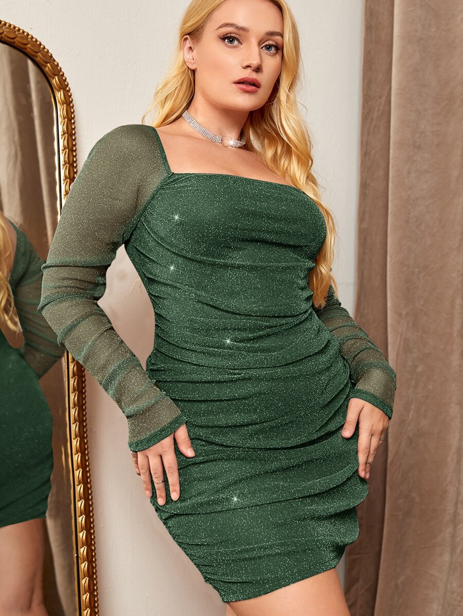 SHEIN BAE Plus Square Neck Ruched Glitter Bodycon Dress - Dark Green - View 1