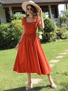 SHEIN LUNE Vestido línea A unicolor de cuello scoop - Naranja - Ver 3
