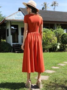 SHEIN LUNE Vestido línea A unicolor de cuello scoop - Naranja - Ver 2