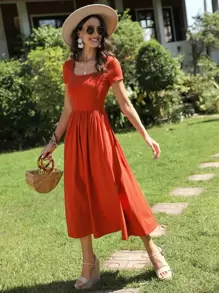 SHEIN LUNE Vestido línea A unicolor de cuello scoop - Naranja - Ver 1