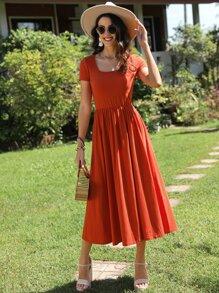 SHEIN LUNE Vestido línea A unicolor de cuello scoop - Naranja - Ver 5